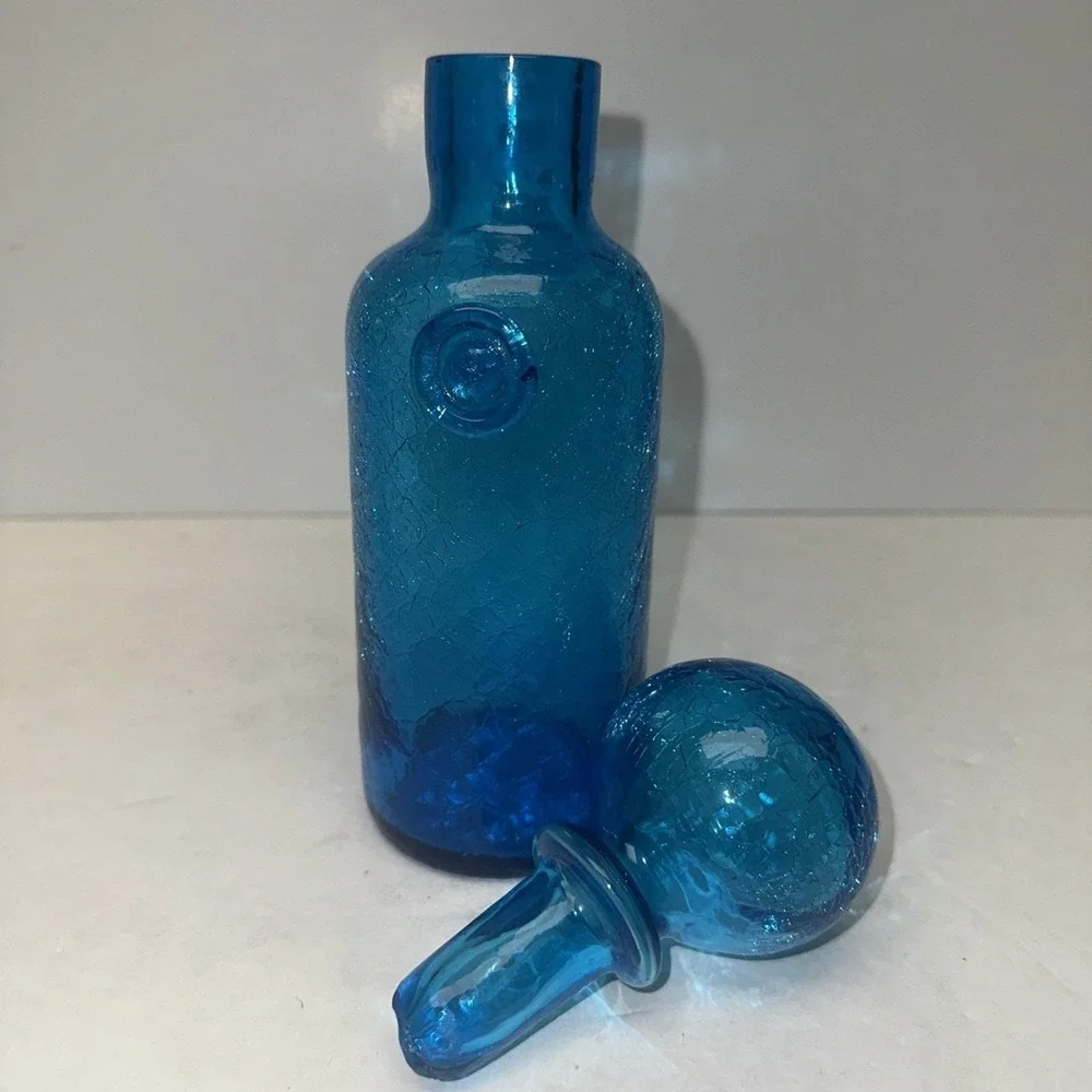 Blue Crackle Glass Decanter W/ Stopper Mid Century Modern MCM